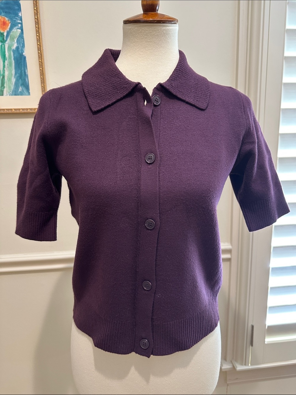 Maeve Short-Sleeve Button-Front Knit Top in Deep Plum